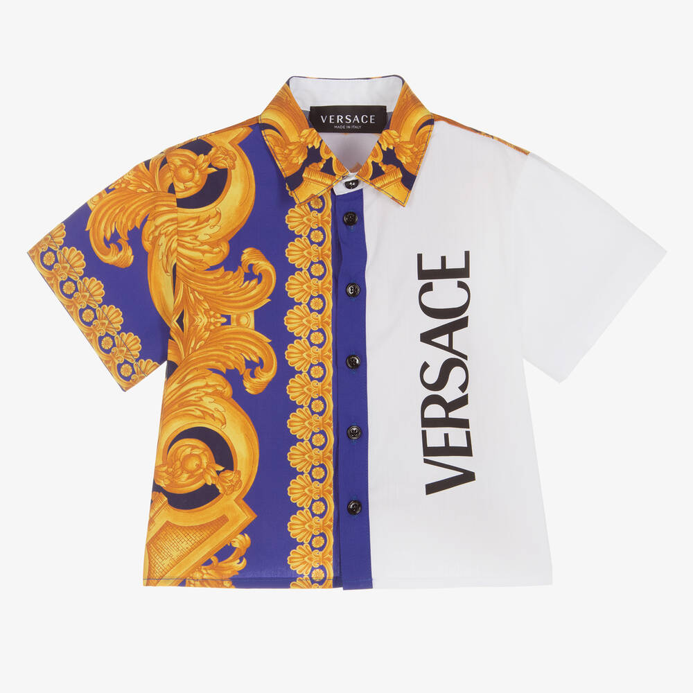 Versace - قميص أطفال ولادي قطن بوبلين لون أزرق وأبيض بطبعة الباروك | Childrensalon