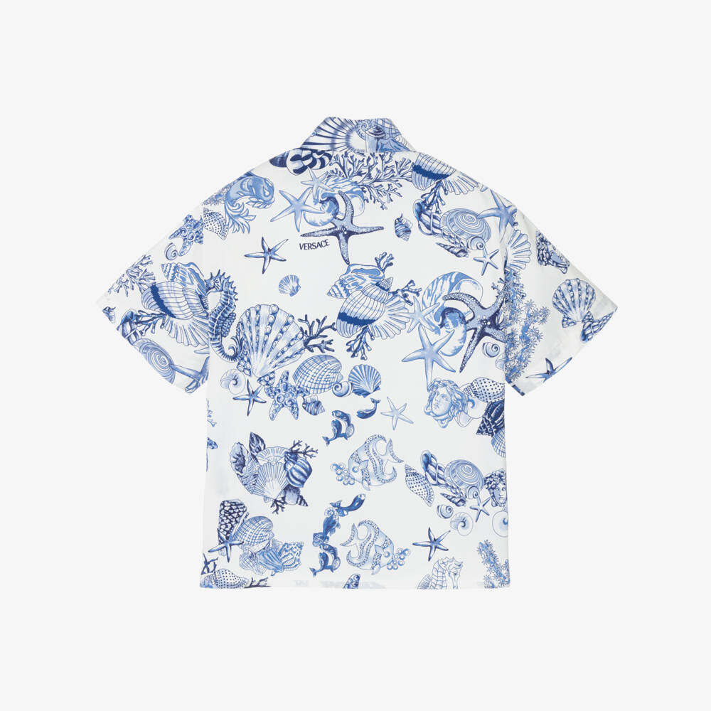 Versace-Boys Blue & White Cotton Coral Theatre Shirt | Childrensalon Outlet