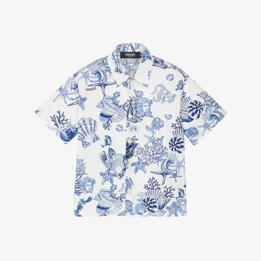Versace-Boys Blue & White Cotton Coral Theatre Shirt | Childrensalon Outlet