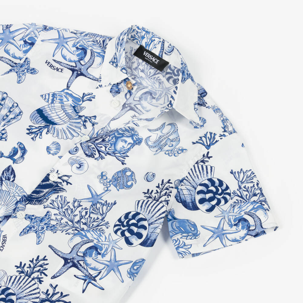 Versace-Boys Blue & White Cotton Coral Theatre Shirt | Childrensalon Outlet
