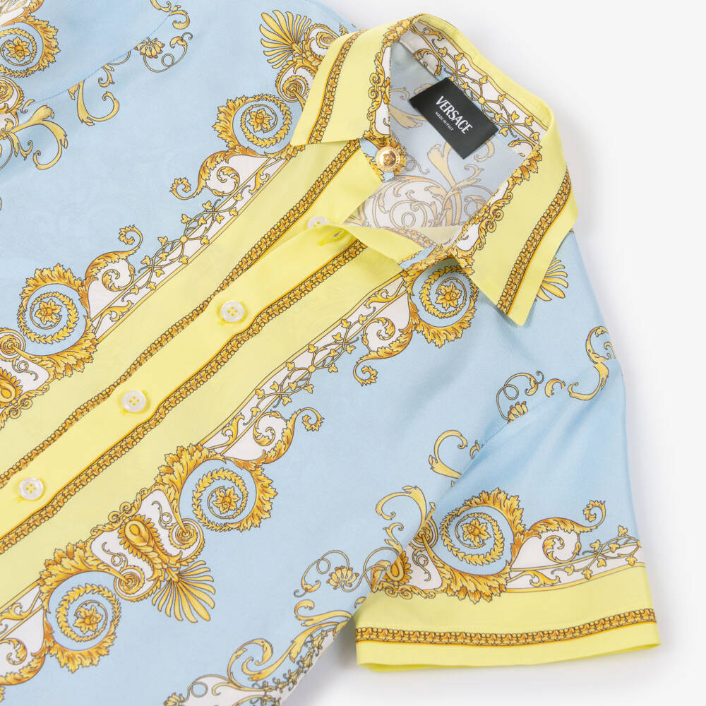 Versace-Boys Blue & Yellow Barocco Print Silk Shirt | Childrensalon Outlet