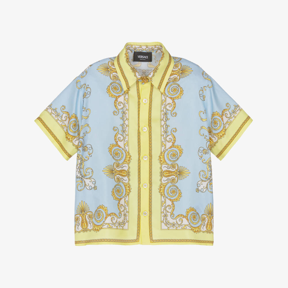 Versace-Boys Blue & Yellow Barocco Print Silk Shirt | Childrensalon Outlet