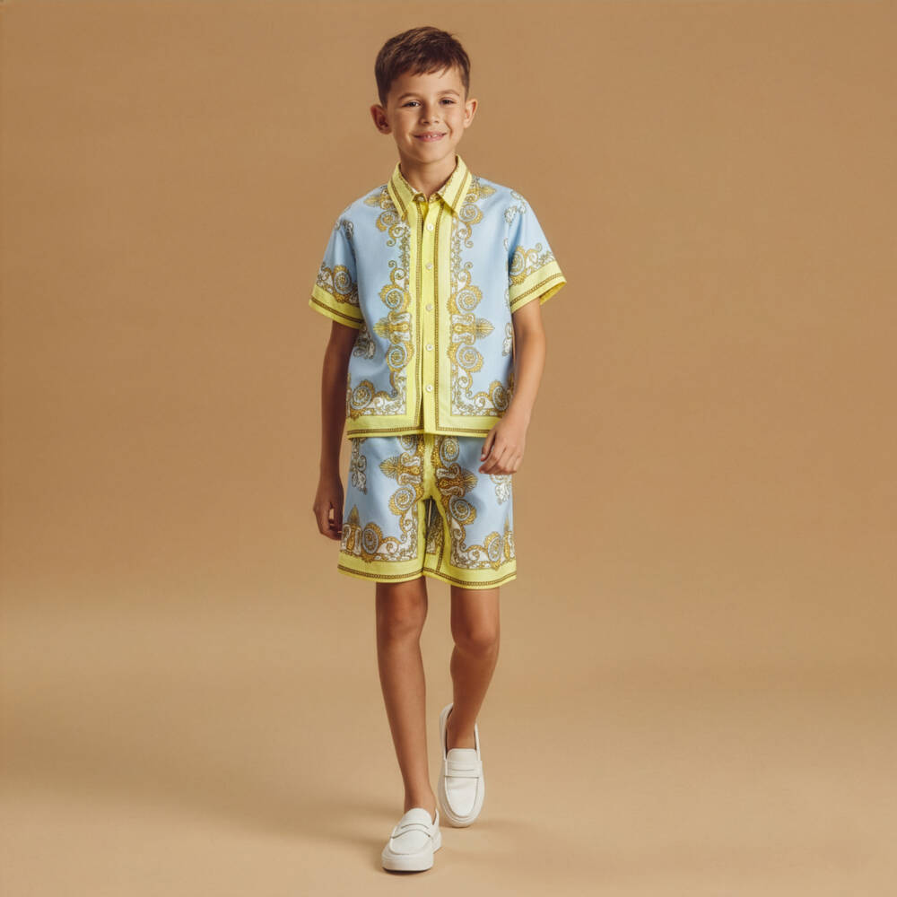 Versace-Boys Blue & Yellow Barocco Print Silk Shirt | Childrensalon Outlet