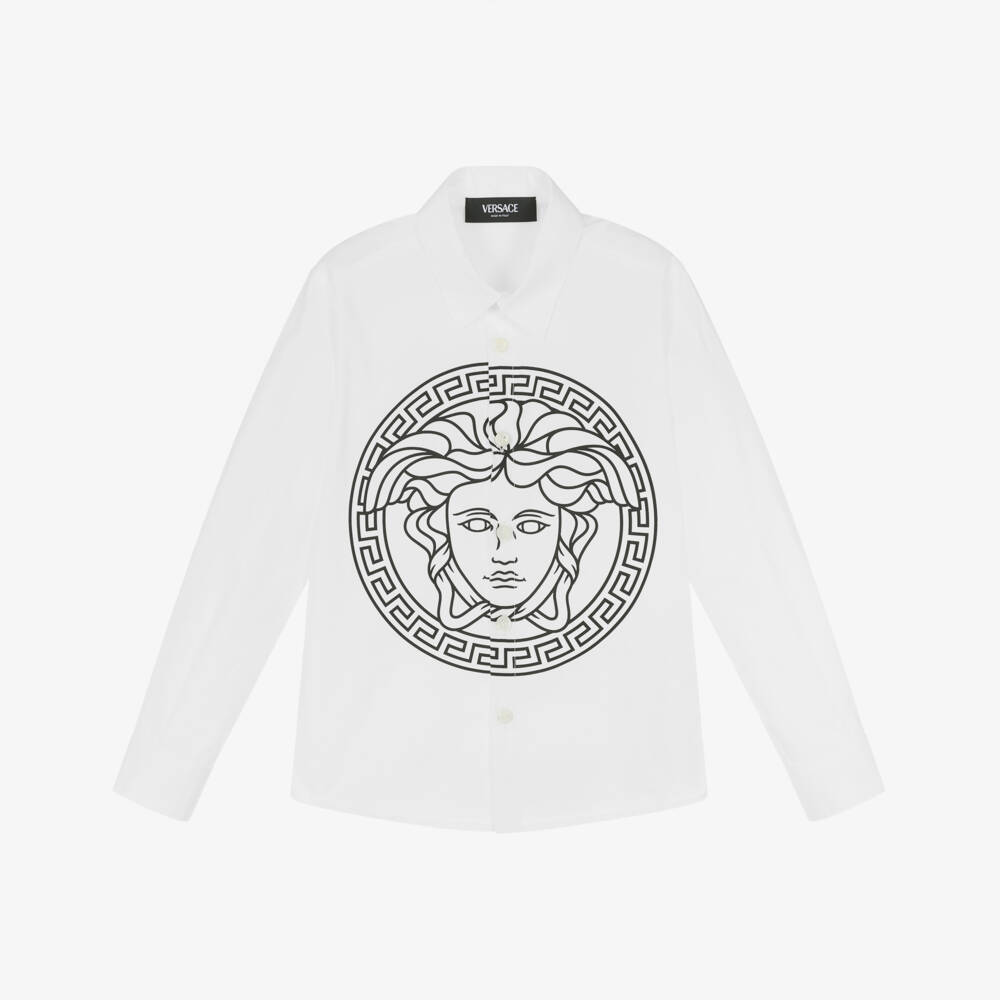 Versace-قميص قطني أبيض كلاسيكي بشعار للأولاد | Childrensalon Outlet