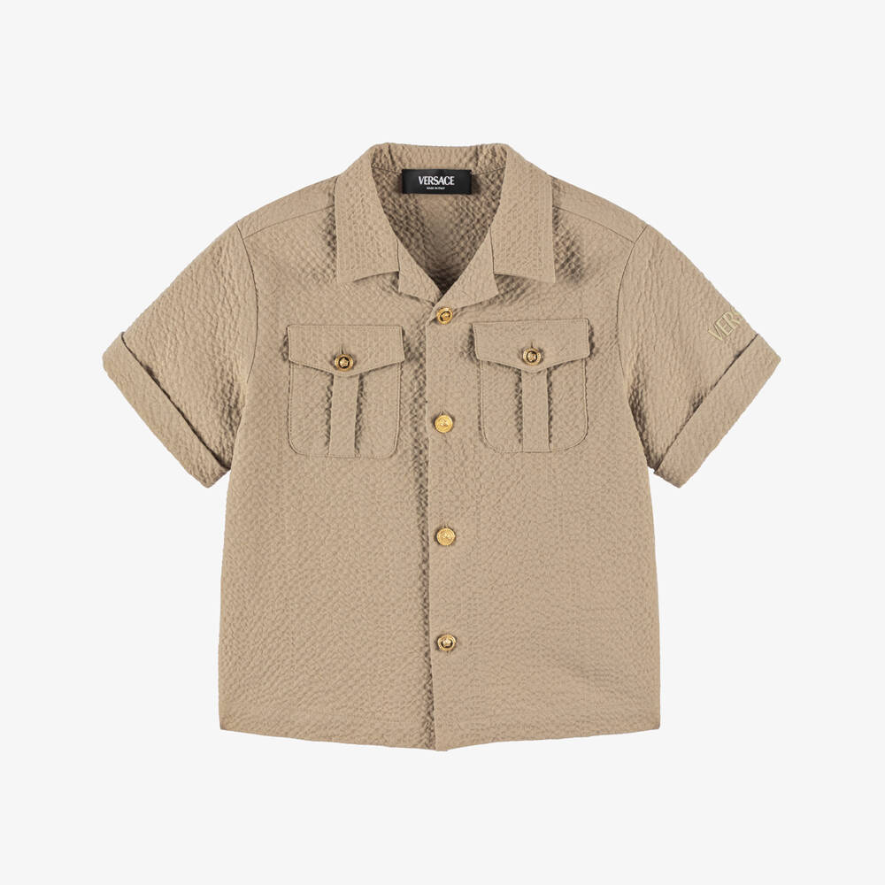 Versace-Boys Elegant Beige Seersucker Shirt | Childrensalon Outlet