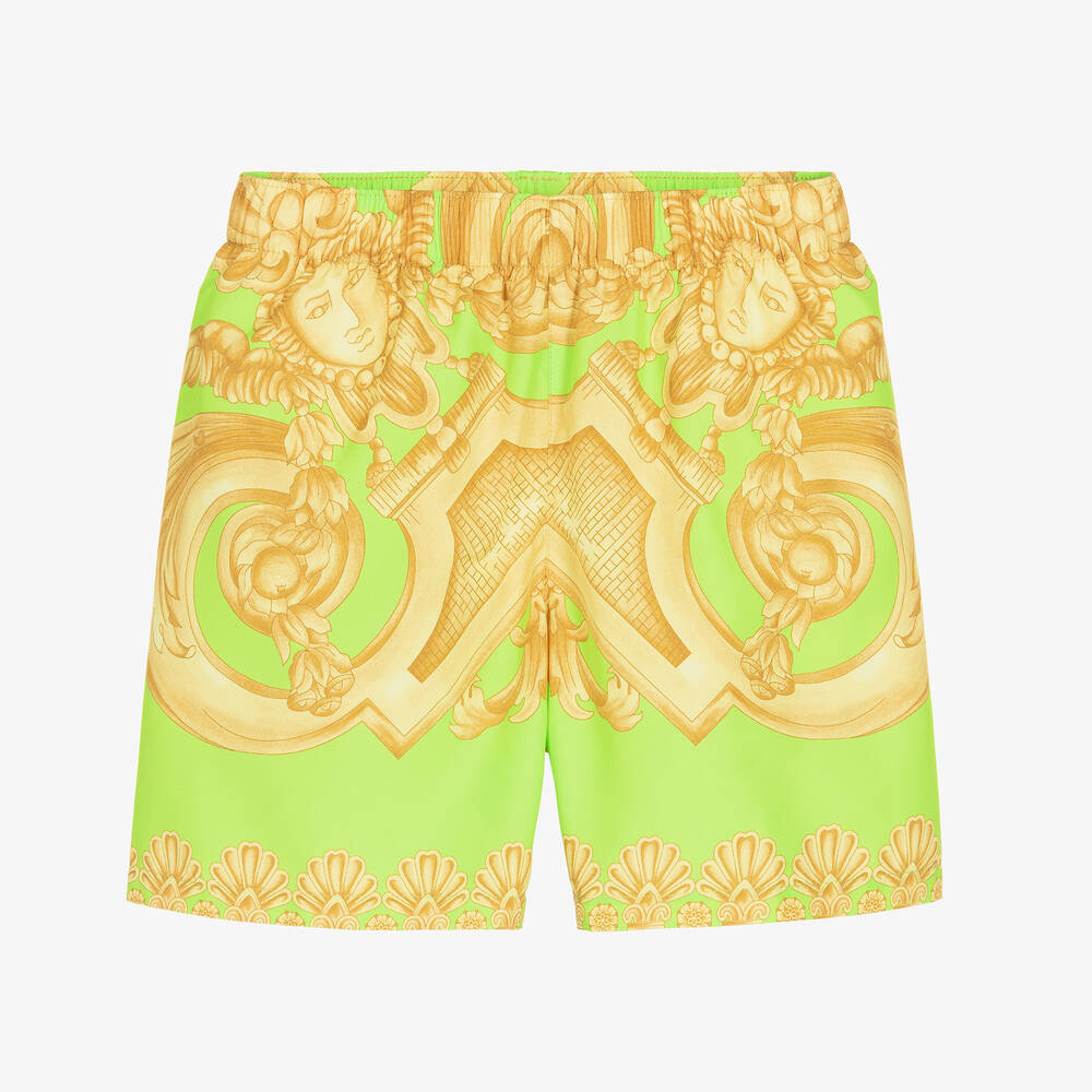 Versace - Boys Green & Gold Barocco Swim Shorts | Childrensalon