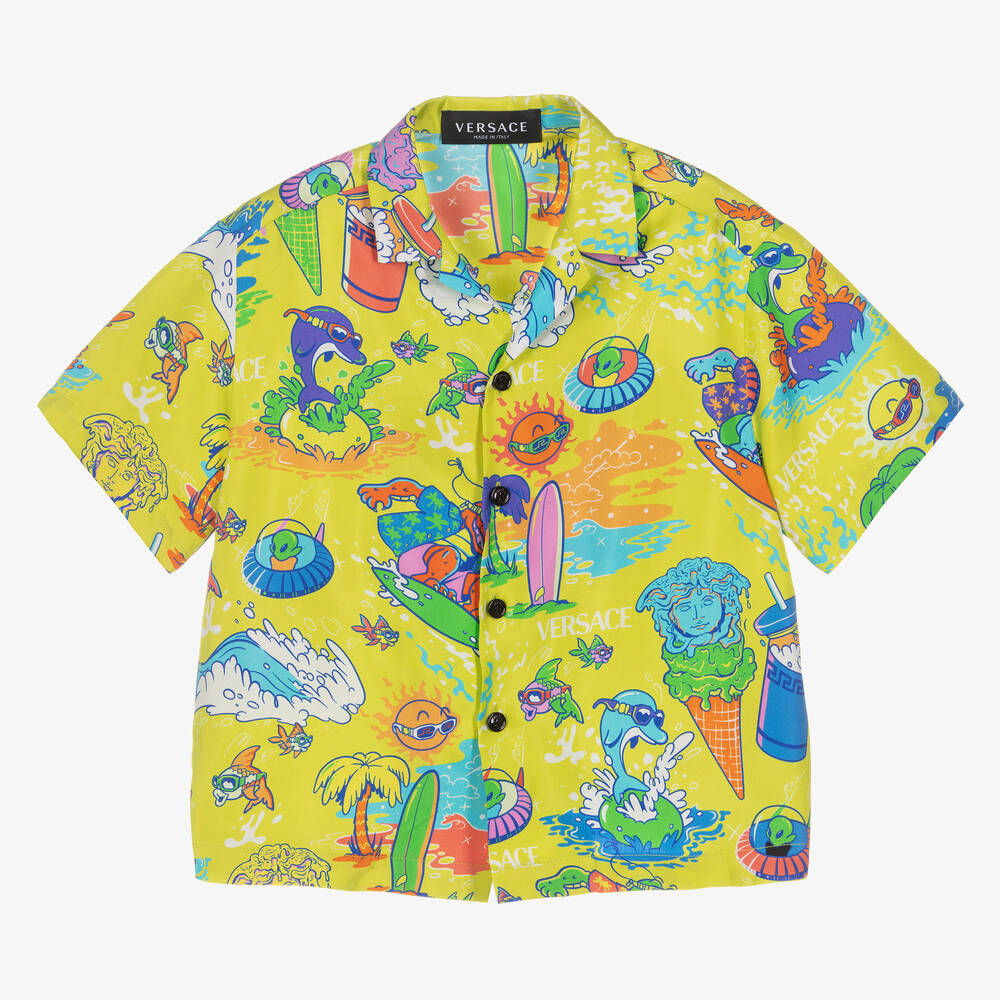 Versace - Boys Green Medusa Sunnies Silk Shirt | Childrensalon