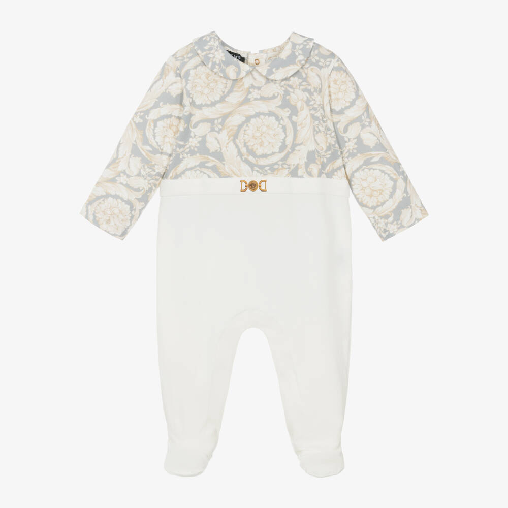 Versace-Boys Grey Baroque Cotton Babysuit | Childrensalon Outlet