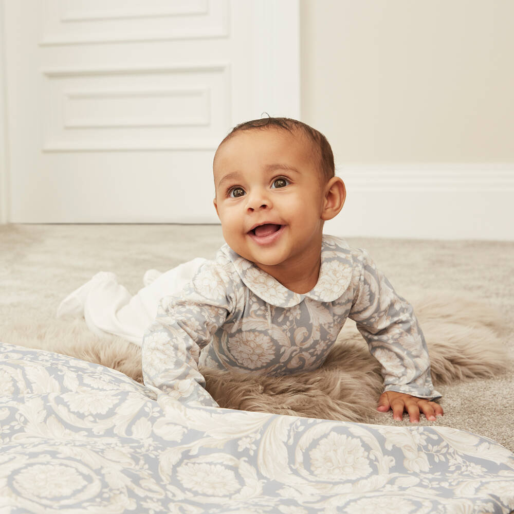 Versace-Boys Grey Baroque Cotton Babysuit | Childrensalon Outlet