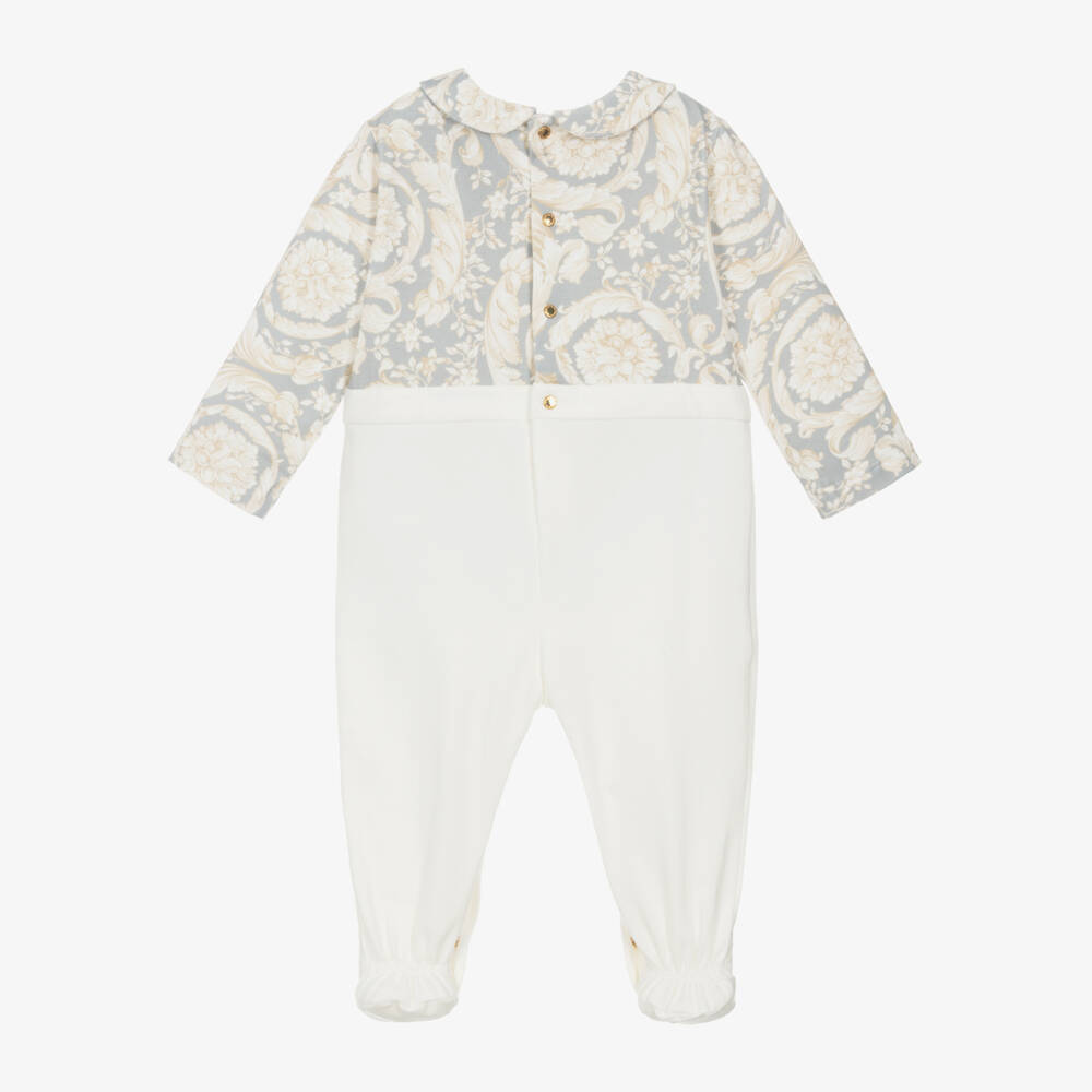 Versace-Boys Grey Baroque Cotton Babysuit | Childrensalon Outlet