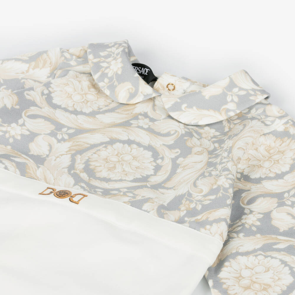 Versace-Boys Grey Baroque Cotton Babysuit | Childrensalon Outlet