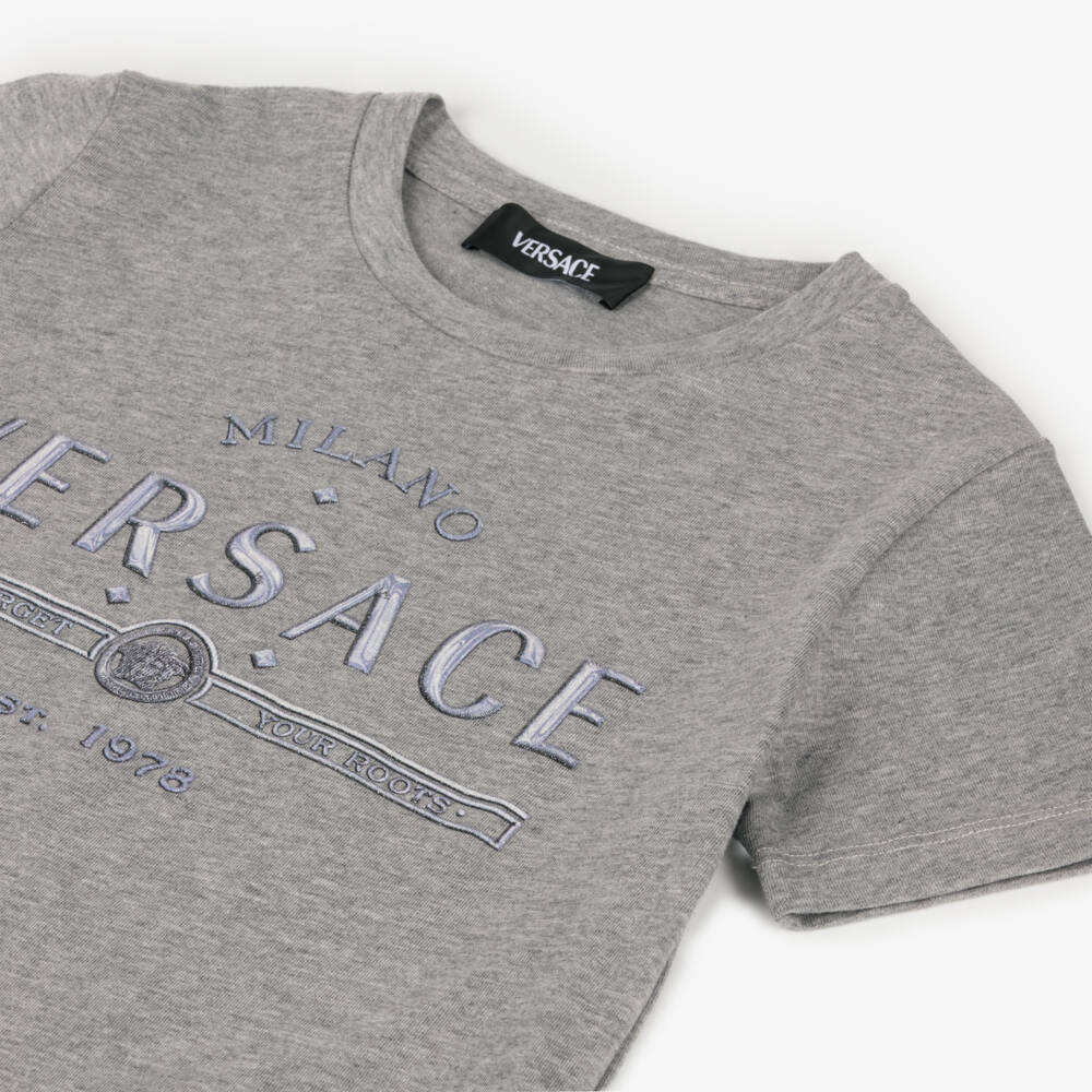 Versace-Boys Grey Cotton Emblem Tee | Childrensalon Outlet