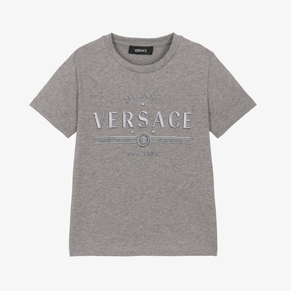Versace-Boys Grey Cotton Emblem Tee | Childrensalon Outlet