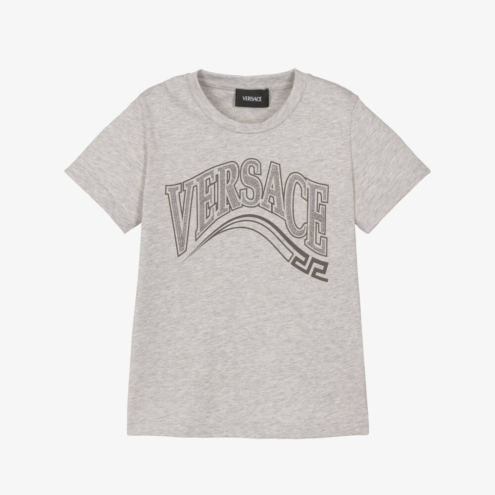 Versace-Boys Grey Cotton T-Shirt with Versace Wave Logo | Childrensalon Outlet