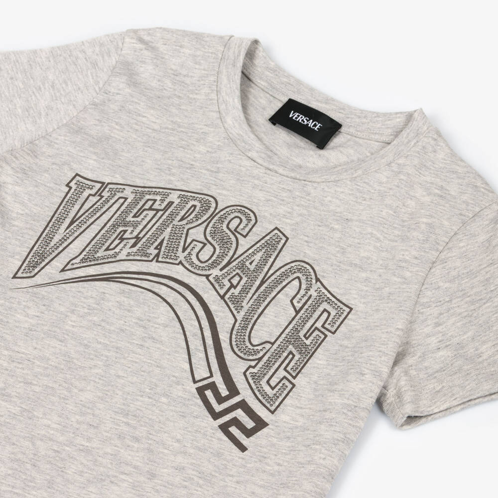 Versace-Boys Grey Cotton T-Shirt with Versace Wave Logo | Childrensalon Outlet