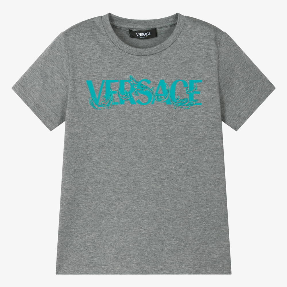 Versace - تيشيرت قطن لون رمادي مونس وأزرق للأولاد | Childrensalon