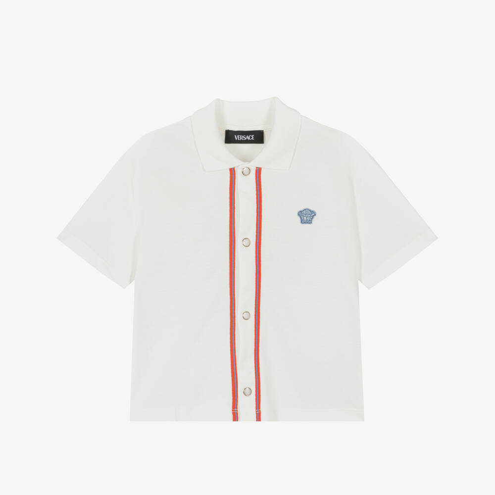 Versace-Boys Ivory Piqué Medusa Logo Shirt | Childrensalon Outlet