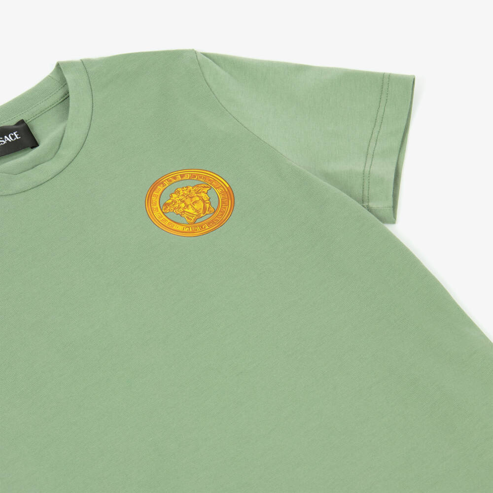 Versace-Boys Khaki Green Cotton T-Shirt with Gold Medusa Logo Print | Childrensalon Outlet