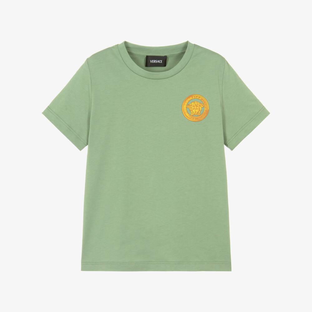 Versace-Boys Khaki Green Cotton T-Shirt with Gold Medusa Logo Print | Childrensalon Outlet