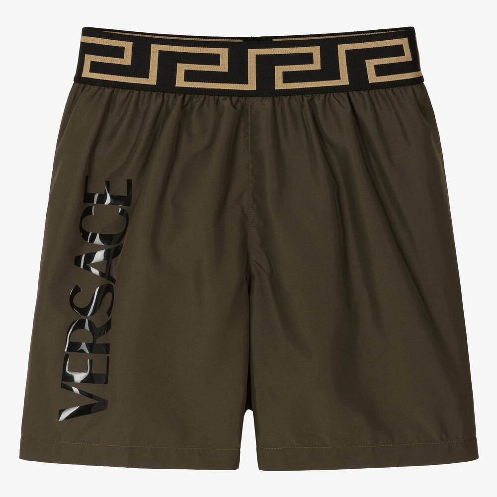 Versace - Boys Khaki Green Greca Swim Shorts | Childrensalon