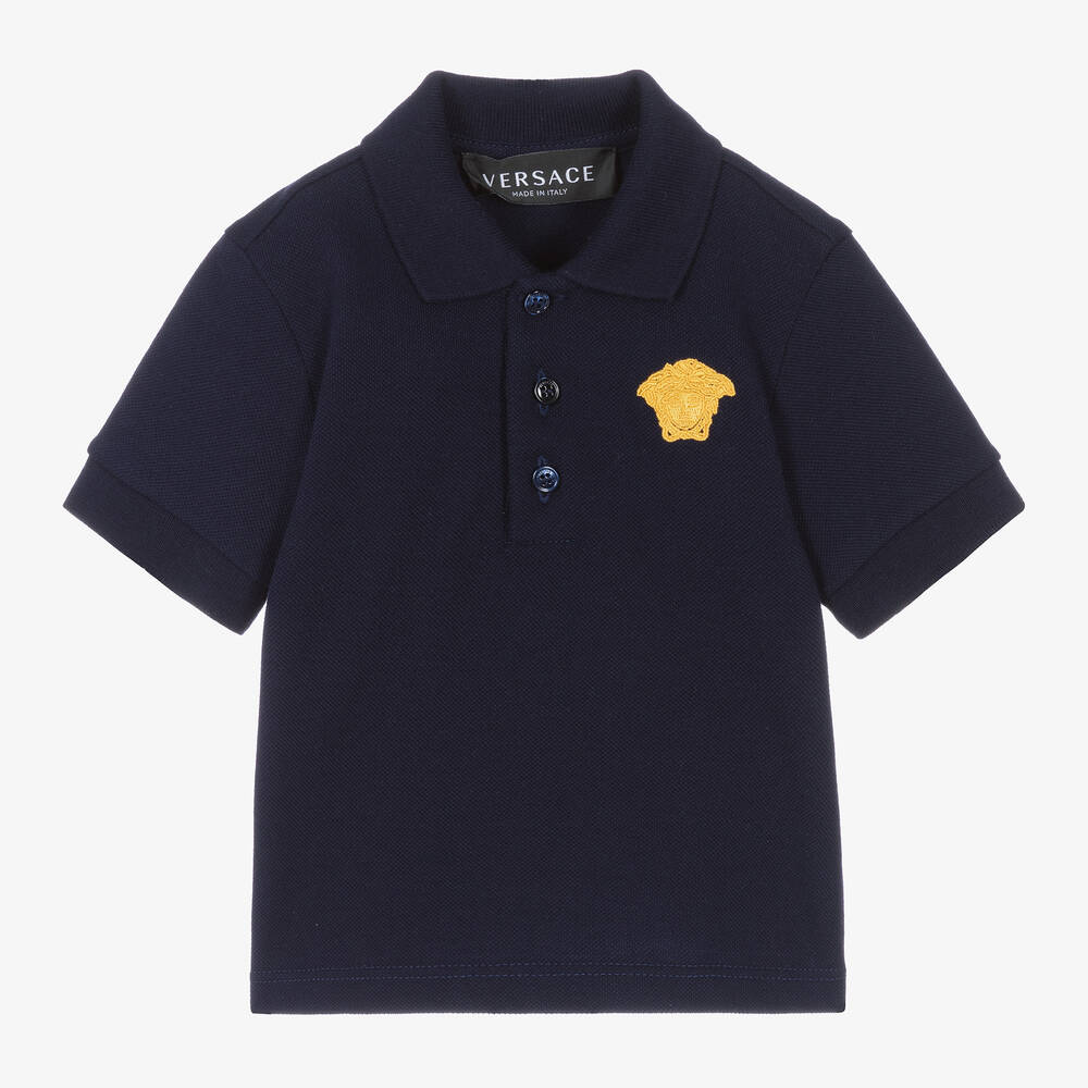 Versace - Boys Navy Blue Medusa Cotton Polo Shirt | Childrensalon