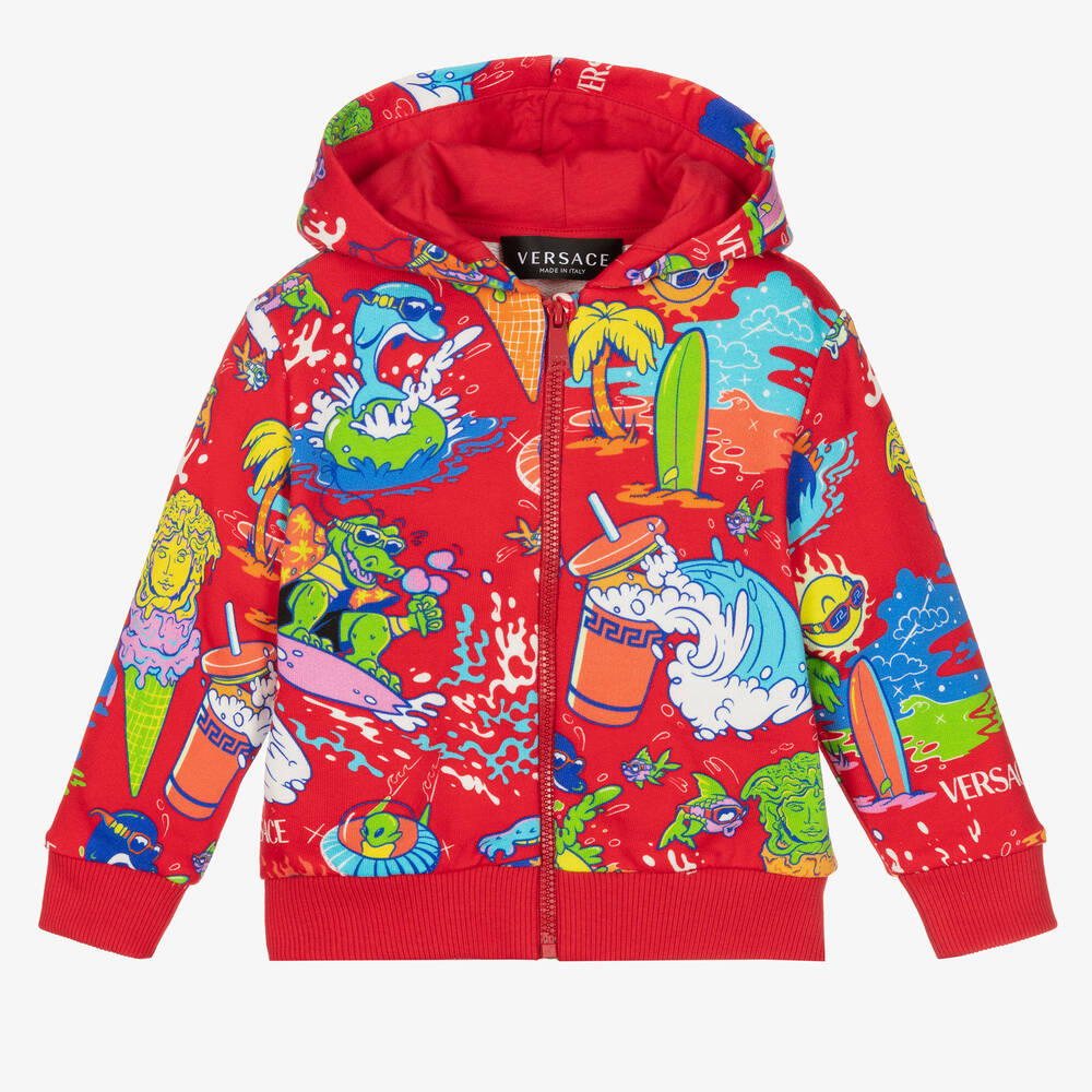 Versace - Boys Red Zip-Up Hooded Top | Childrensalon