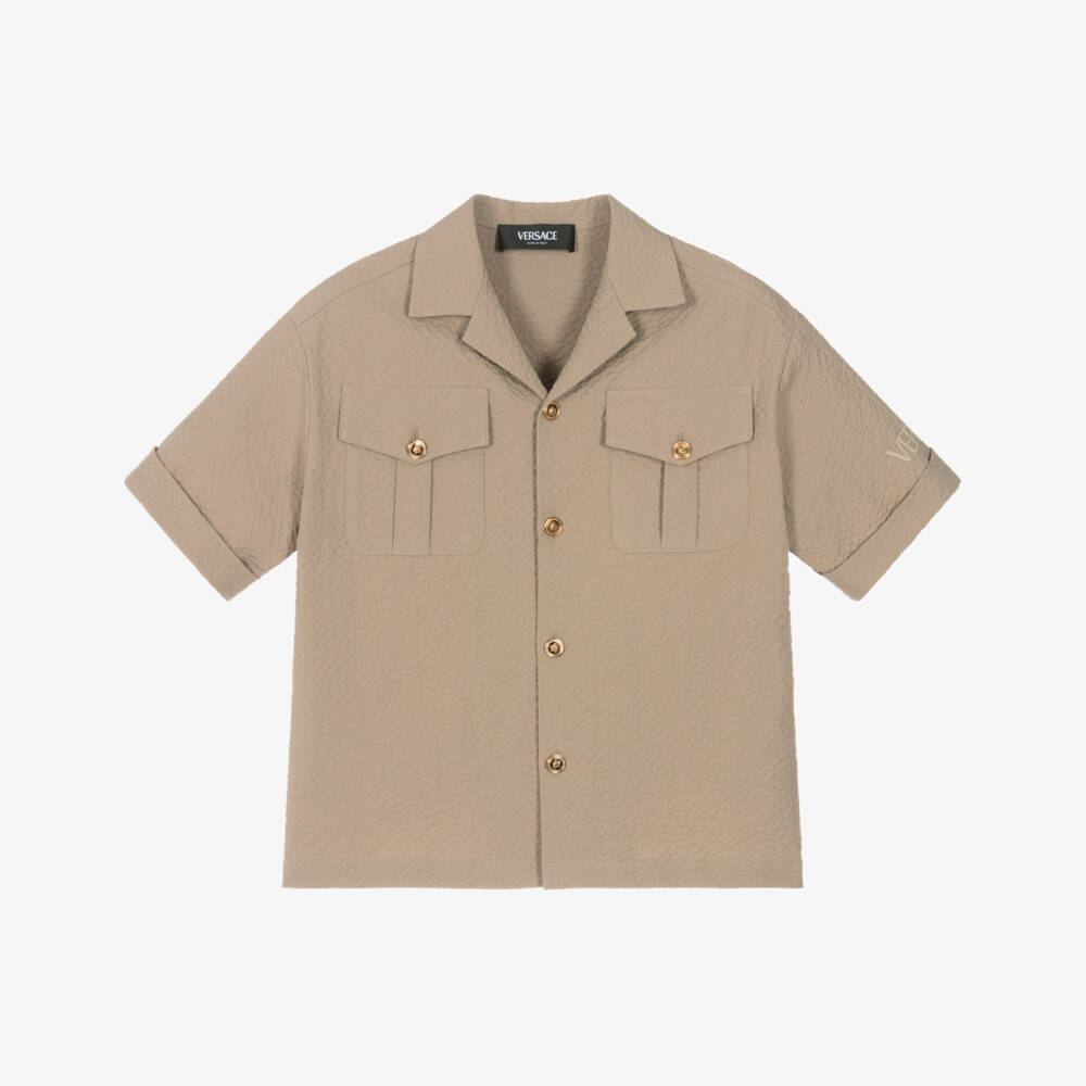 Versace-Boys Seersucker Beige Shirt | Childrensalon Outlet