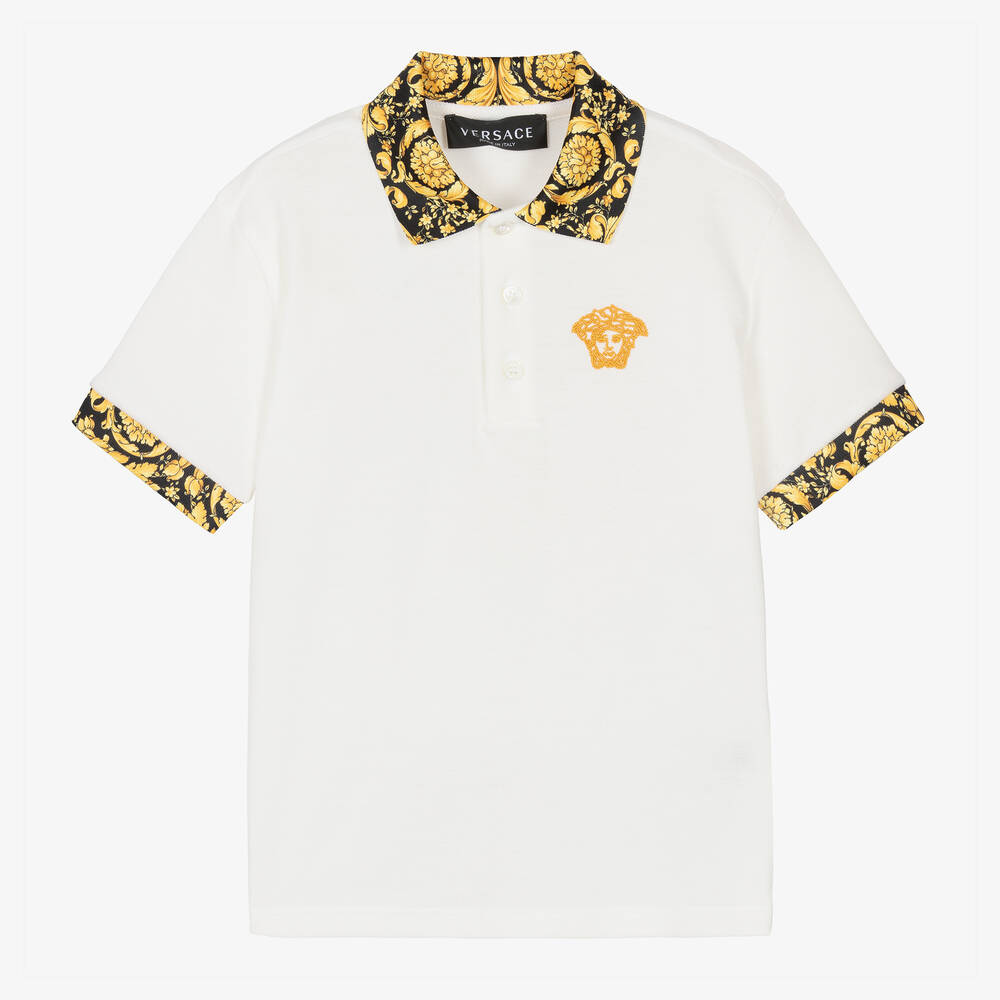 Versace-توب بولو قطن بيكيه لون أبيض للأولاد | Childrensalon Outlet