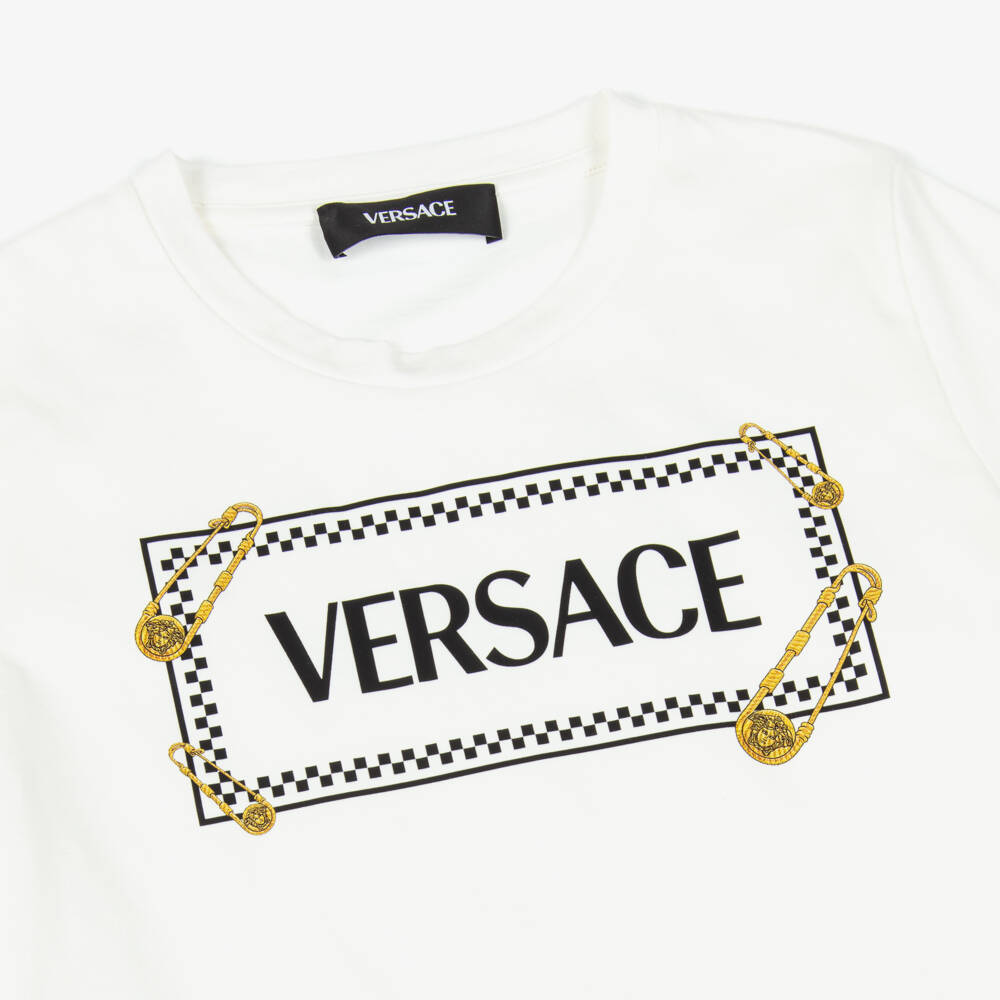 Versace-Boys White Cotton Safety Pin Logo T-Shirt | Childrensalon Outlet