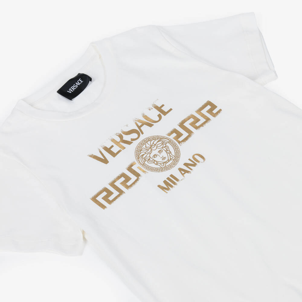 Versace-Boys White Cotton T-Shirt with Gold Foil Logo | Childrensalon Outlet