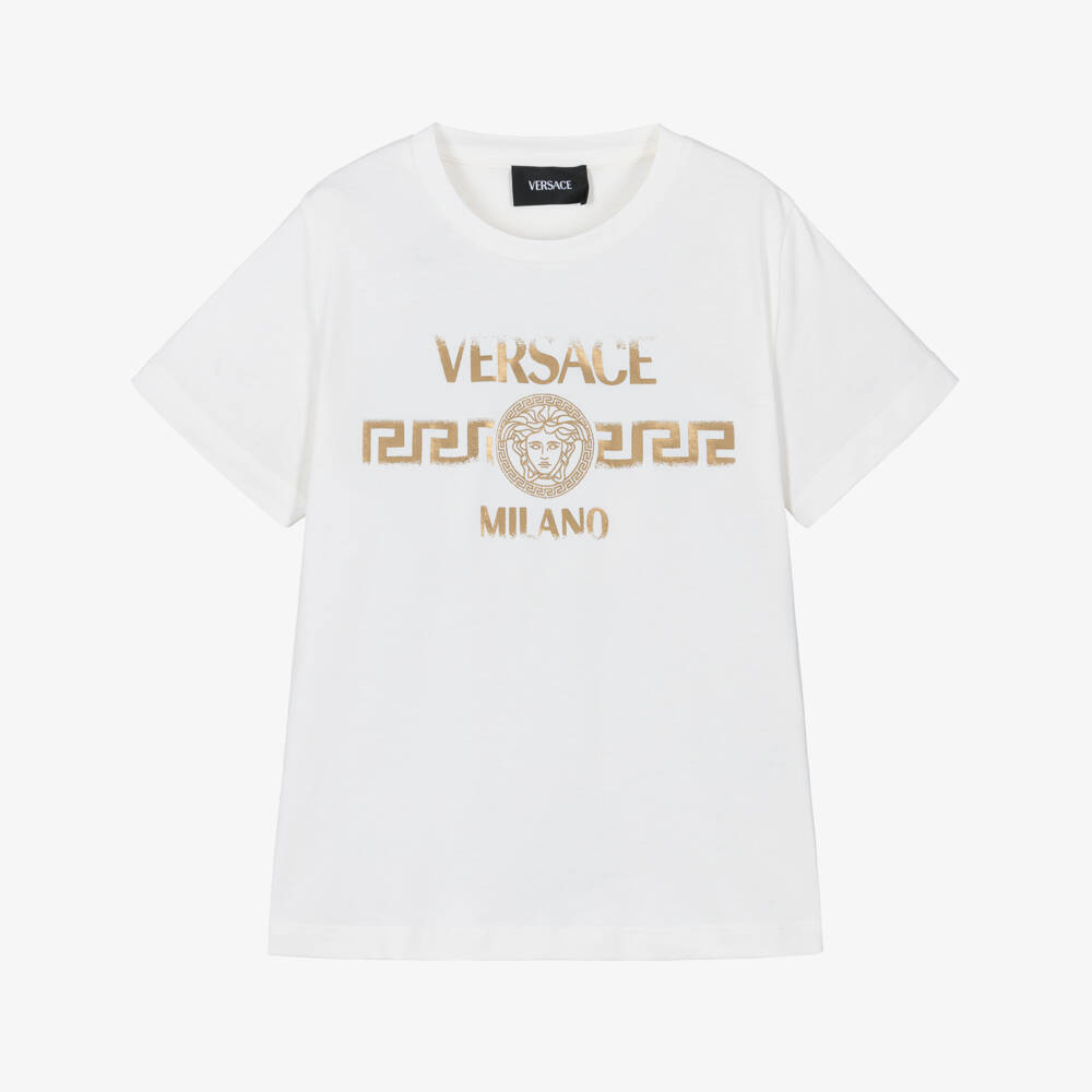 Versace-Boys White Cotton T-Shirt with Gold Foil Logo | Childrensalon Outlet