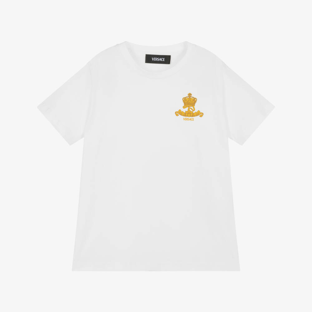 Versace-Boys White Cotton T-Shirt with Logo Crest | Childrensalon Outlet