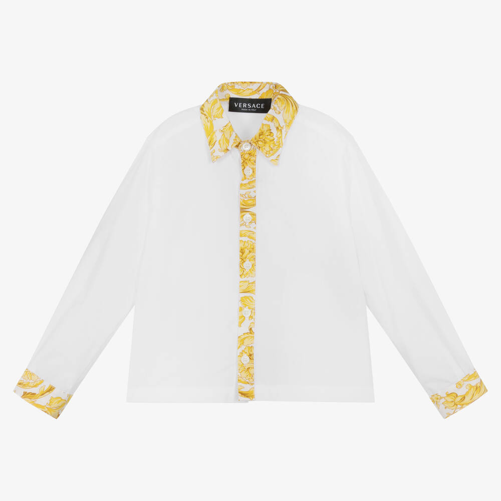 Versace - Белая хлопковая рубашка с золотистым принтом Barocco | Childrensalon