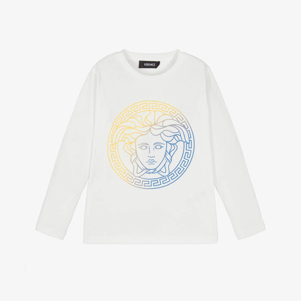 Versace-تي شيرت قطني أبيض للأولاد بتصميم ميدوسا | Childrensalon Outlet