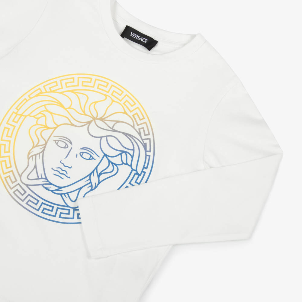 Versace-تي شيرت قطني أبيض للأولاد بتصميم ميدوسا | Childrensalon Outlet