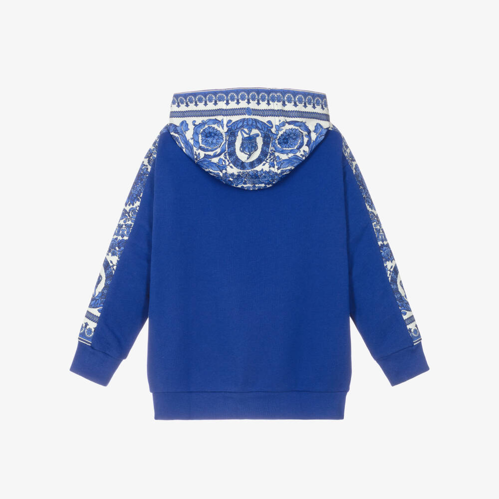 Versace-Cobalt Blue Cotton Barocco Foulard Trim Hoodie | Childrensalon Outlet