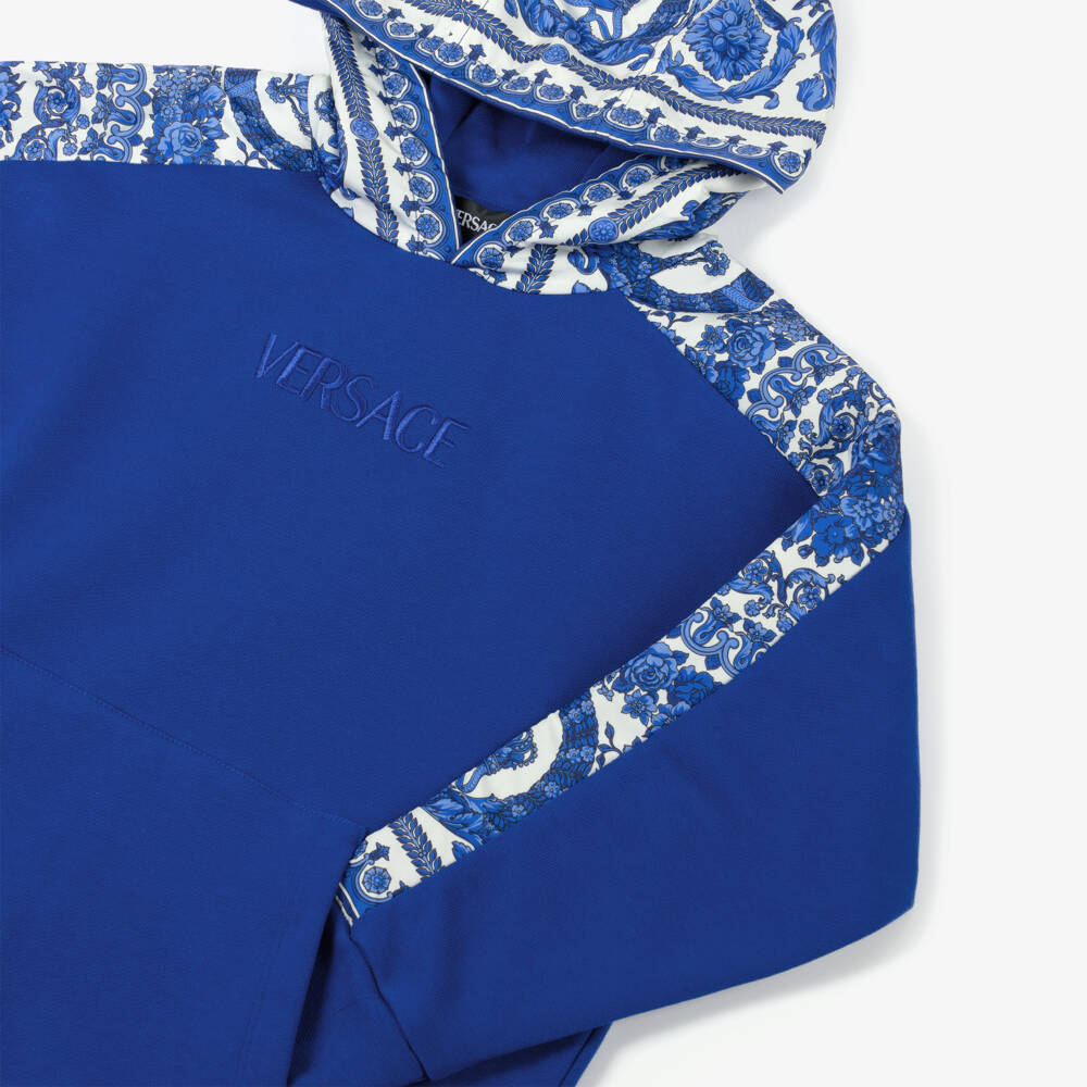 Versace-Cobalt Blue Cotton Barocco Foulard Trim Hoodie | Childrensalon Outlet