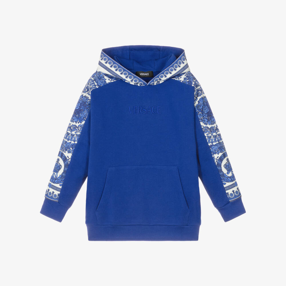 Versace-Cobalt Blue Cotton Barocco Foulard Trim Hoodie | Childrensalon Outlet