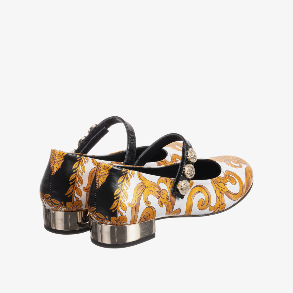 Versace-حذاء جلد لون أبيض بطبعة باروك للبنات | Childrensalon Outlet
