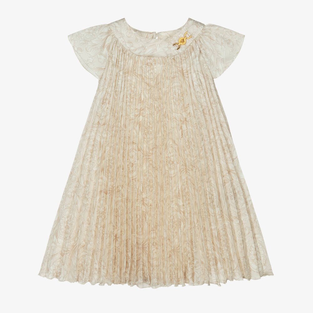 Versace-Girls Beige Whisper Barocco Pleated Dress | Childrensalon Outlet