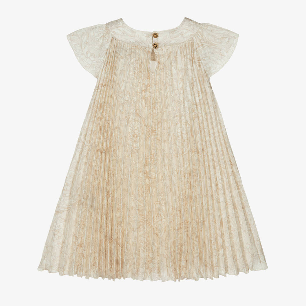 Versace-Girls Beige Whisper Barocco Pleated Dress | Childrensalon Outlet