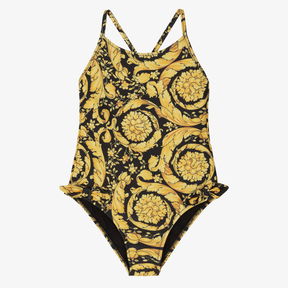 Versace - Girls Black & Gold Barocco Swimsuit | Childrensalon
