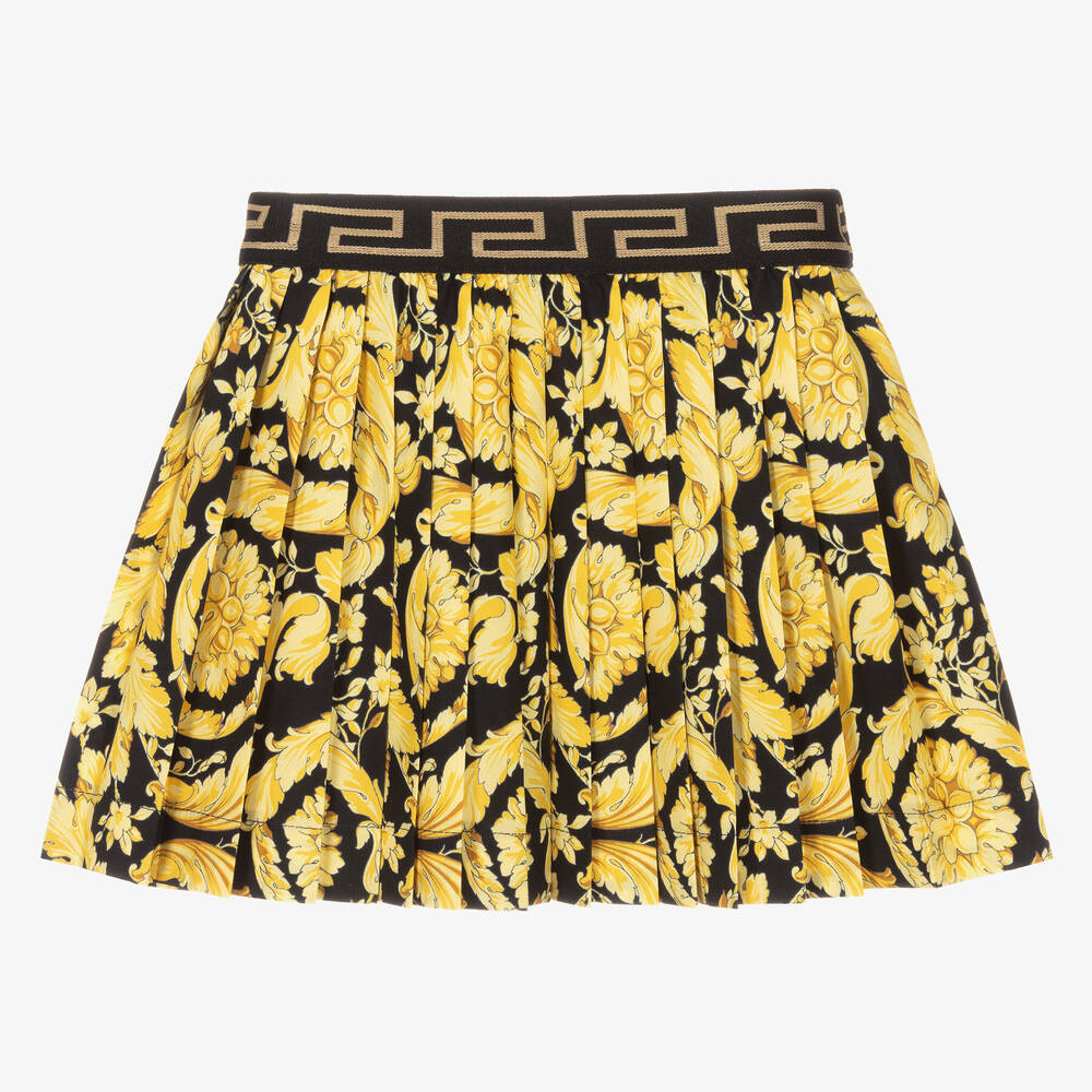 Versace-Черно-золотистая юбка плиссе с принтом Barocco для малышек | Childrensalon Outlet