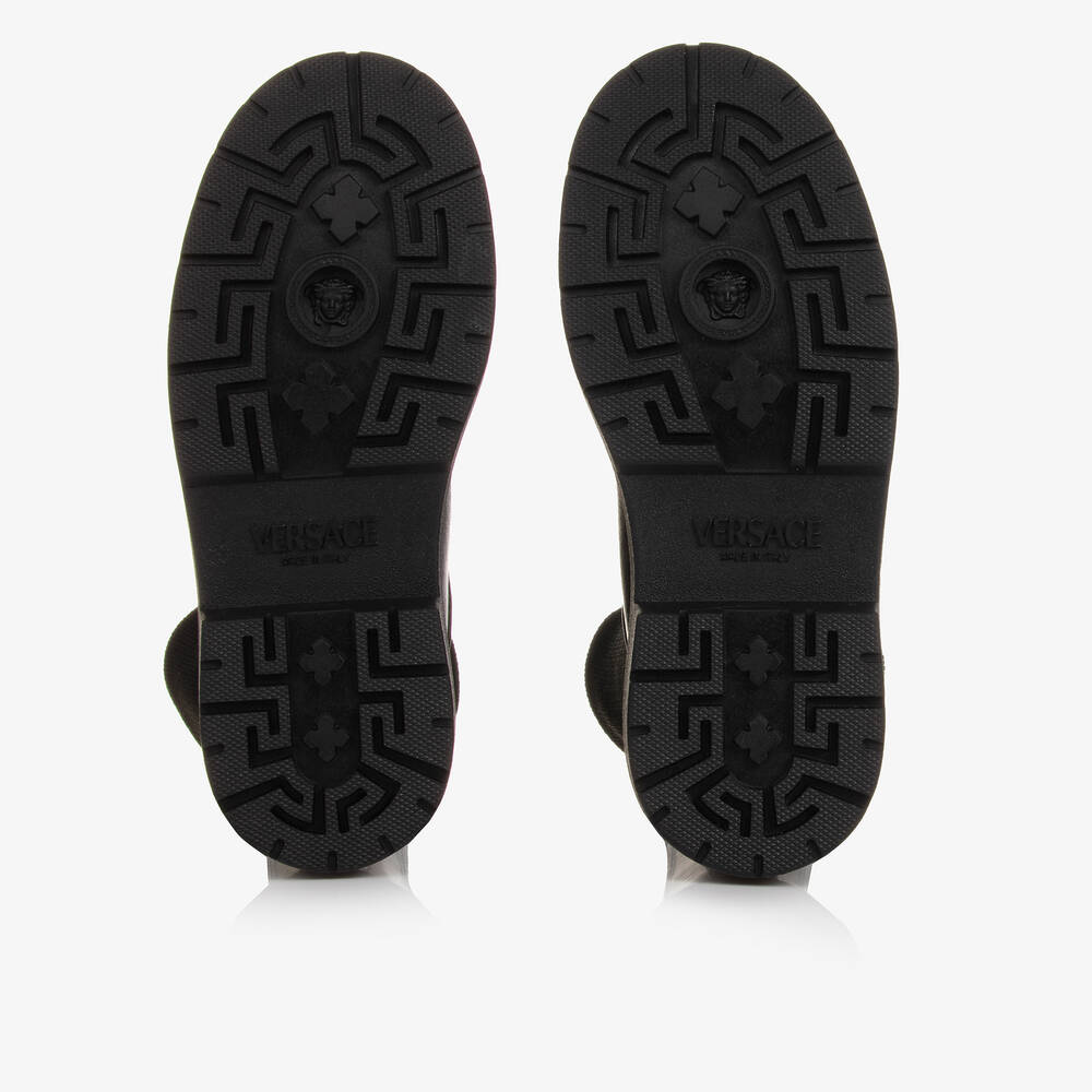 Versace-Girls Black Leather & Knit Greca Boots | Childrensalon Outlet