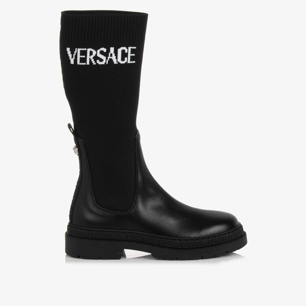 Versace-Girls Black Leather & Knit Greca Boots | Childrensalon Outlet