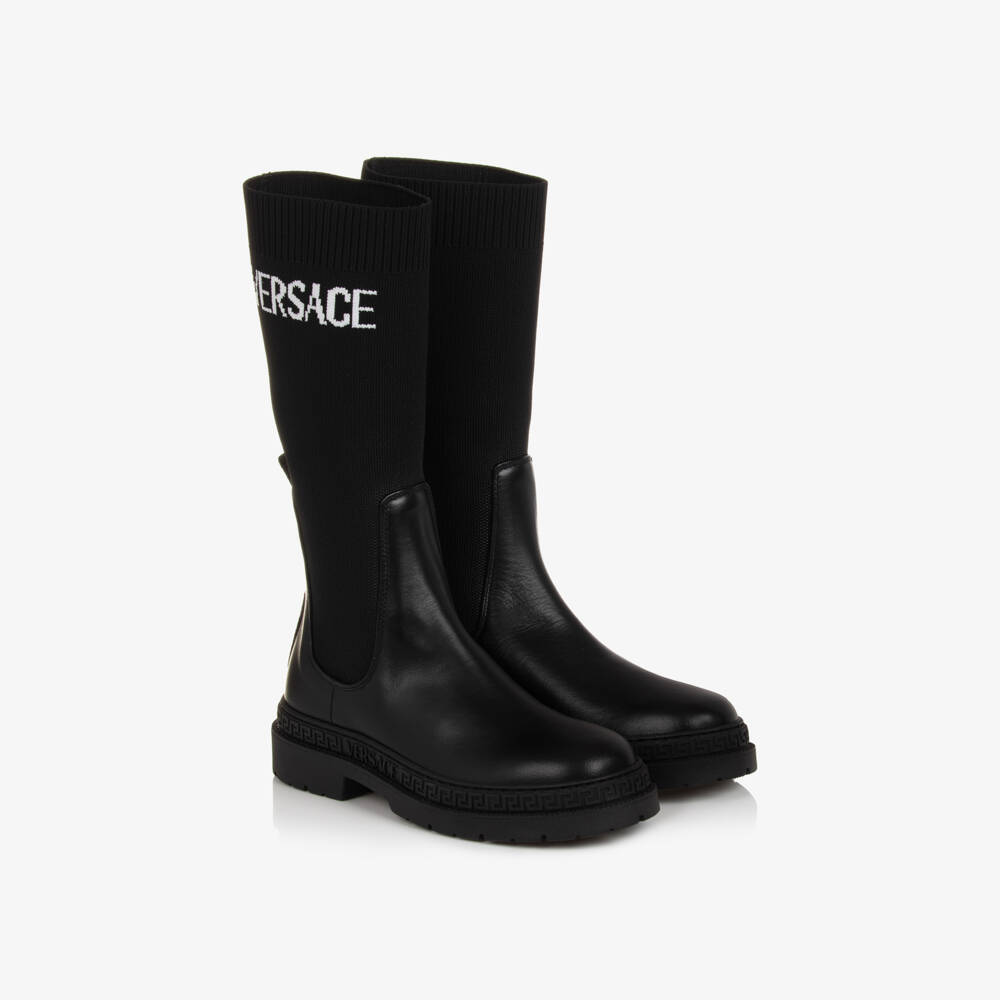 Versace-Girls Black Leather & Knit Greca Boots | Childrensalon Outlet