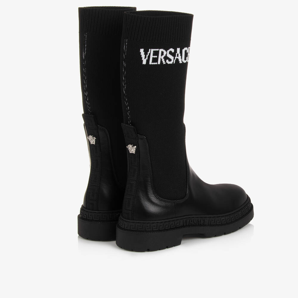 Versace Girls Black Leather Knit Greca Boots Childrensalon Outlet