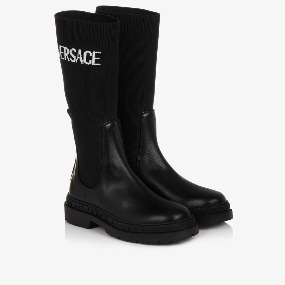 Versace - Girls Black Leather & Knit Greca Boots | Childrensalon