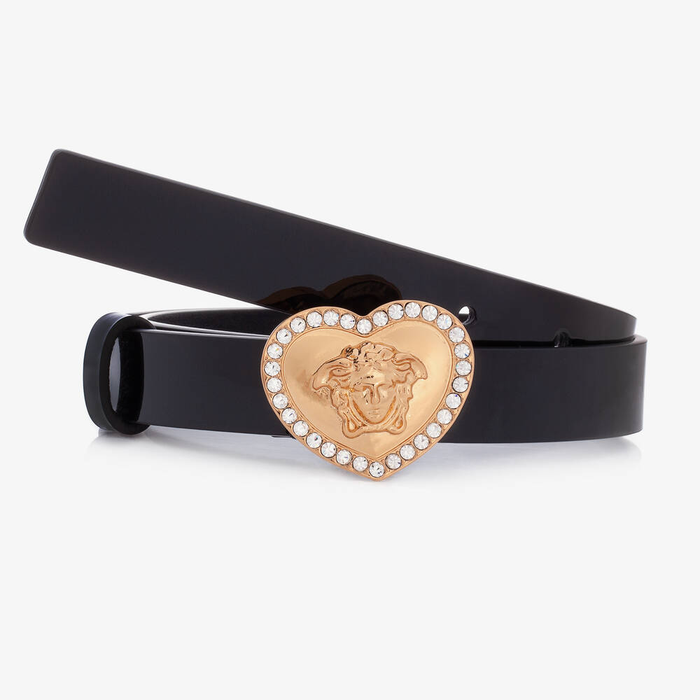 Versace - حزام جلد لامع لون أسود بنقشة ميدوسا للبنات | Childrensalon