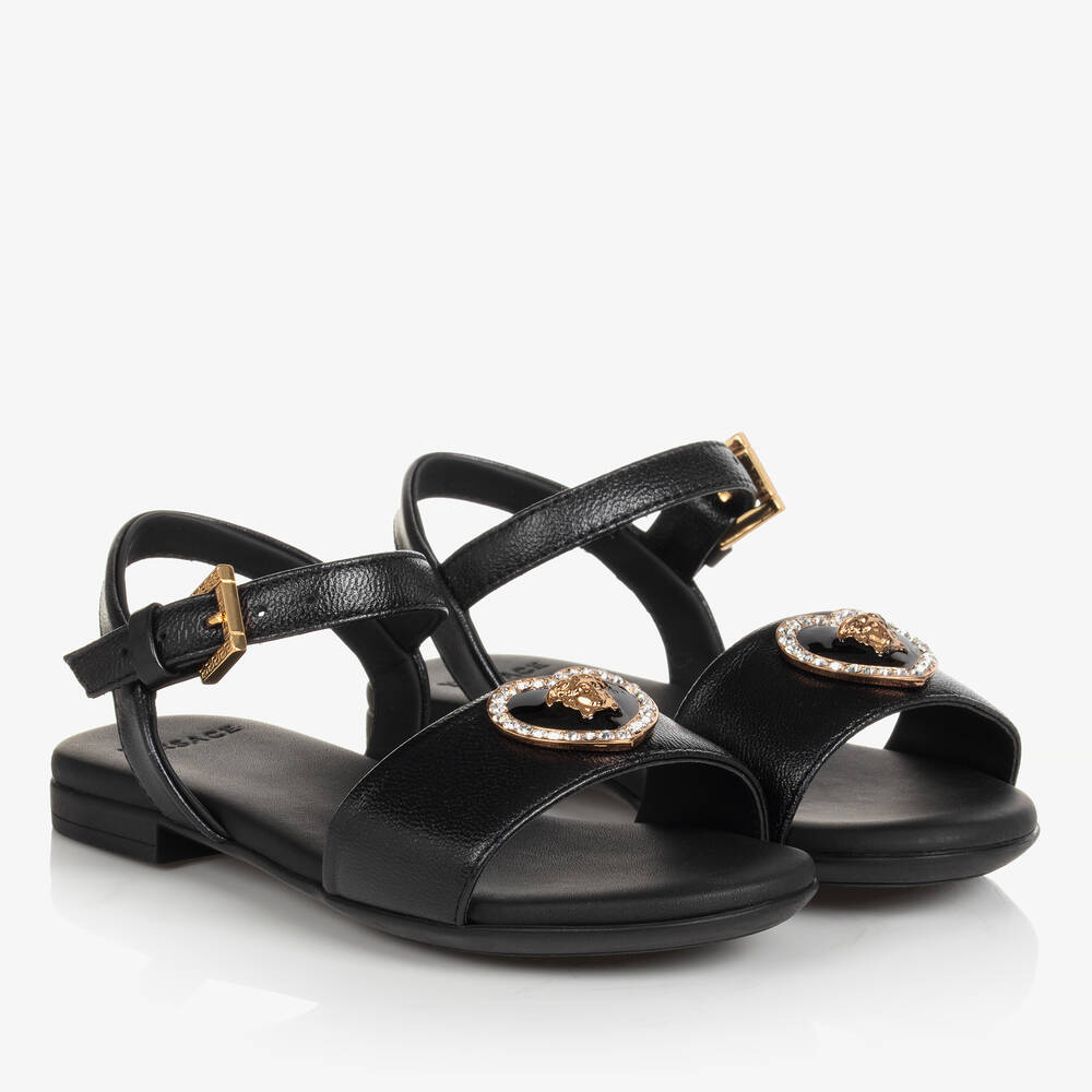 Versace - Girls Black Leather Medusa Heart Sandals | Childrensalon